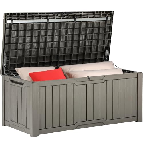 YITAHOME Außenspeicherbox 120-Gallonen-wasserdichte Deckbox für Gartengeräte Terrassenkissen Swimmingpool-Zubehör verschließbar einfach zusammenzubauen vielseitiger Sitzbank oder Tisch,hellbraun von YITAHOME