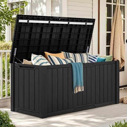 YITAHOME Außenspeicherbox 230-Gallonen-wasserdichte Deckbox für Gartengeräte Terrassenkissen Swimmingpool-Zubehör verschließbar einfach zusammenzubauen vielseitiger Sitzbank oder Tisch,schwarz von YITAHOME