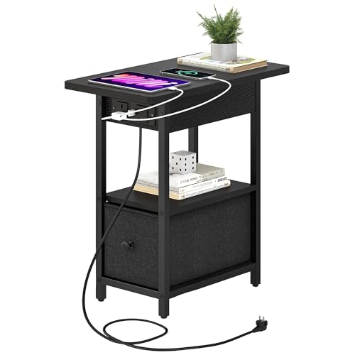 YITAHOME Beistelltisch Schwarz Schmal, Nachttisch mit Steckdose und Schublade, Flip-Top Sofatisch Klein Nachtschrank für Wohnzimmer, Schlafzimmer von YITAHOME
