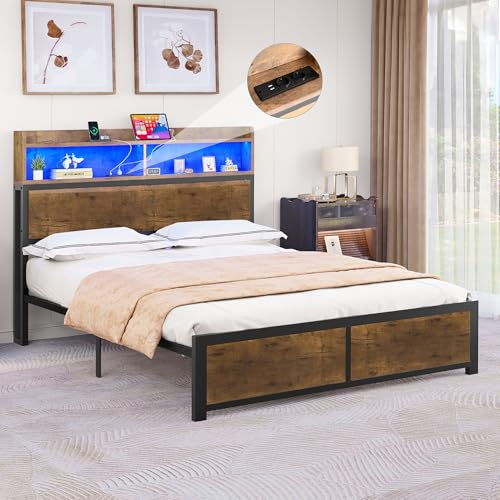 YITAHOME Bettgestell LED mit Kopfteil USB-Anschlüsse und Ladeausgänge Metallplattform-Bettgestell mit 2 Regalböden,Keine Matratze erforderlich,Braun 200X180CM von YITAHOME