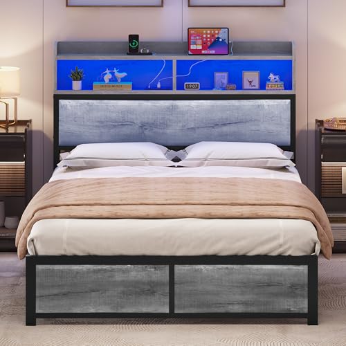 YITAHOME Bettgestell LED mit Kopfteil USB-Anschlüsse und Ladeausgänge Metallplattform-Bettgestell mit 2 Regalböden,Keine Matratze erforderlich,Grau 200X140CM von YITAHOME