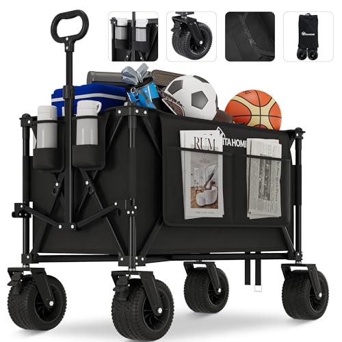 YITAHOME Bollerwagen Faltbar 200L Handwagen mit Abnehmbarem 100kg Transportwagen mit Sicherheitsgurt und Seitentasche 600D Oxford-Gewebe Bollerwagen Breite Räder für Garten/Strand/Picknick, Schwarz von YITAHOME