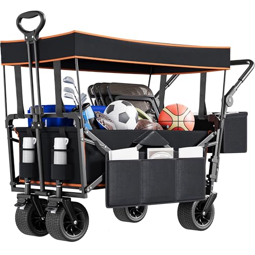 YITAHOME Bollerwagen Faltbar mit Dach, Schiebe und Ziehkarre, Faltbarer Bollerwagen 2 Getränkehaltern, Hohe Tragfähigkeit 220 lbs Transportwagen mit übergroßen Rädern für Garten Picknicks (Schwarz) von YITAHOME