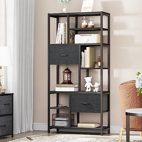 YITAHOME Bücherregal, 7 Regal Bücherregal mit Schubladen Boden bis zur Decke Bücherregal, industrielle Bücherregal, Stahlregal, geeignet für Wohnzimmer, Büro, Arbeitszimmer, Flur, Küche, Schwarz von YITAHOME