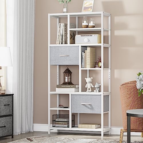 YITAHOME Bücherregal, 7 Regal Bücherregal mit Schubladen Boden bis zur Decke Bücherregal, industrielle Bücherregal, Stahlregal, geeignet für Wohnzimmer, Büro, Arbeitszimmer, Flur, Küche, Weiß von YITAHOME