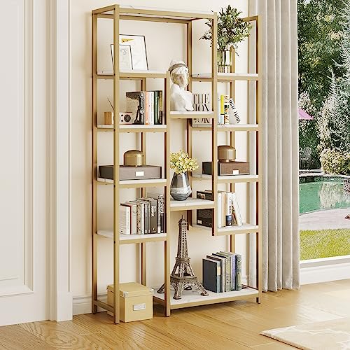 YITAHOME Bücherregal, Schwerlastregal mit 5 Ebenen, Aufbewahrungsschrank 30 x 100 x 180 cm, Bücherregal weiß für Büro, Wohnzimmer, Schlafzimmer, Golden und Weiß von YITAHOME