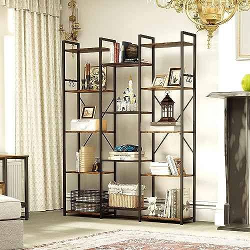 YITAHOME Bücherregal, Stehendes Bücherregal mit 14 Fächern und Haken Stehendes Bücherregal mit stabilem Metallrahmen für Wohnzimmer, Home Office, Rustikales Braun von YITAHOME