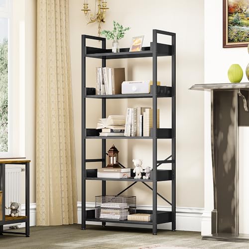 YITAHOME Bücherregal 5 Etagen, Bodenstehendes Bücherregal, Holzregal und stabiles Stahlrahmenregal mit 4 Haken Industrielles Lagerregal für Wohnzimmer, Heimbüro, Schwarz von YITAHOME