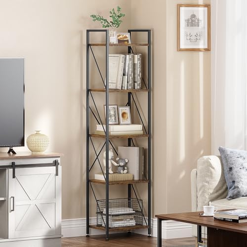 YITAHOME Bücherregal mit 5 Ebenen, industrielles Bücherregal, freistehendes Regal, Holzregal und Metallrahmen, Aufbewahrungsregal für Wohnzimmer, Zuhause, Büro, Küche, Schlafzimmer, Vintagebraun von YITAHOME