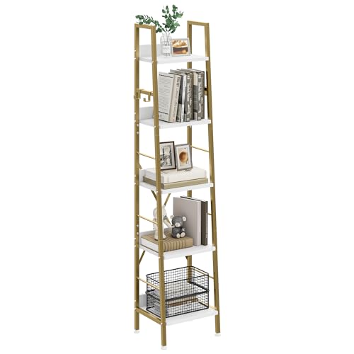 YITAHOME Bücherregal mit 5 Ebenen, industrielles Leiterregal, freistehendes Bücherregal, Holzregale und Metallrahmen, Bücherregal, modernes Regal für Wohnzimmer, Flur, Büro, Goldenes Bücherregal YITAHOME Bücherregal mit 5 Ebenen, industrielles Leiterregal, freistehendes Bücherregal, Holzregale und Metallrahmen, Bücherregal, modernes Regal für Wohnzimmer, Flur, Büro, Goldenes Bücherregal von YITAHOME
