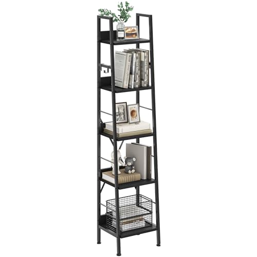 YITAHOME Bücherregal mit 5 Ebenen, industrielles Leiterregal, freistehendes Holzregale und Metallrahmen, modernes Regal für Wohnzimmer, Flur, Büro, schwarzes YITAHOME Bücherregal mit 5 Ebenen, industrielles Leiterregal, freistehendes Holzregale und Metallrahmen, modernes Regal für Wohnzimmer, Flur, Büro, schwarzes von YITAHOME