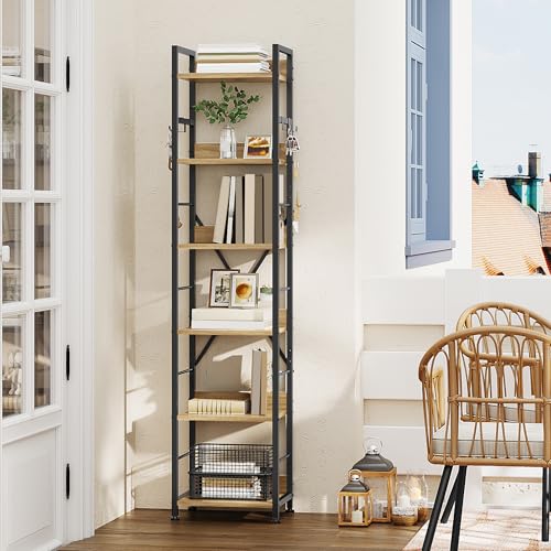 YITAHOME Bücherregal mit 6 Ebenen, bodenstehendes Bücherregal mit 4 Haken, Holzregal und Metallrahmen, Bücherregal, industrielles Hochregal zur Aufbewahrung für Wohnzimmer, Heimbüro, Eichenfarbe YITAHOME Bücherregal mit 6 Ebenen, bodenstehendes Bücherregal mit 4 Haken, Holzregal und Metallrahmen, Bücherregal, industrielles Hochregal zur Aufbewahrung für Wohnzimmer, Heimbüro, Eichenfarbe von YITAHOME