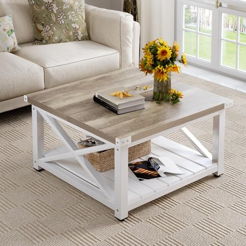 YITAHOME Couchtisch, Quadratischer Wohnzimmertisch 2-stöckiger, Couchtisch mit Stauraum für Couch Schlafzimmer,Stabiler Metallrahmen 80 x 80 x 45 cm von YITAHOME