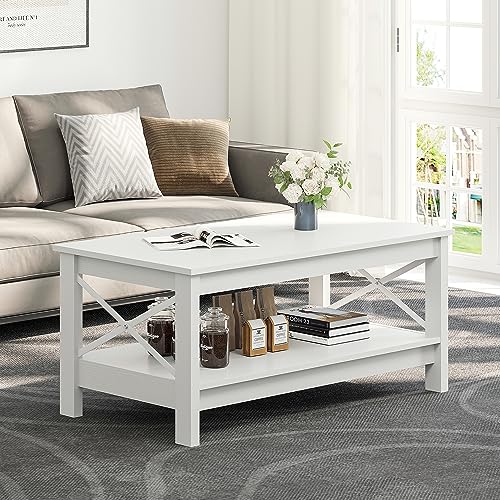 YITAHOME Couchtisch, Wohnzimmertisch, 2-stöckiger Dicker Holz Rechteckiger Couchtisch, X-Form Metal Side Support, Stabil 100x55,3x45cM (Weiß) von YITAHOME