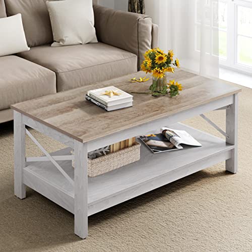 YITAHOME Couchtisch, Wohnzimmertisch, 2-stöckiger Dicker Holz Rechteckiger Couchtisch, X-Form Metal Side Support, Stabil 100x55,3x45cM (Weiß+Grau) von YITAHOME