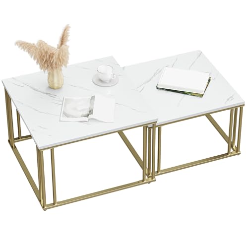 YITAHOME Couchtisch 2er Set, Wohnzimmertisch Modern, Beistelltisch 2er Set Stapelbar mit Holzplatte und Metallrahmen, Couch Tisch Wohnzimmer Heimbüro, Weißer Marmor und Gold von YITAHOME
