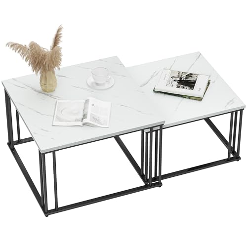 YITAHOME Couchtisch 2er Set, Wohnzimmertisch Modern, Beistelltisch 2er Set Stapelbar mit Holzplatte und Metallrahmen, Couch Tisch Wohnzimmer Heimbüro, Weißer Marmor und Schwarz von YITAHOME