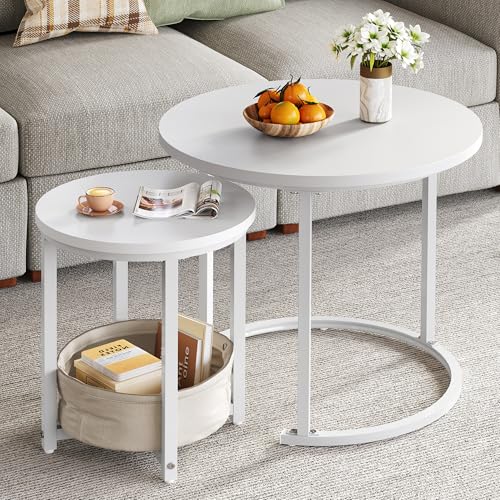 YITAHOME Couchtisch 2er Set Rund, Wohnzimmertisch Modern mit Stofftasche zur Stauraum, Beistelltisch 2er Set Stapelbar mit Holzplatte und Metallrahmen, Couch Tisch Wohnzimmer Heimbüro von YITAHOME