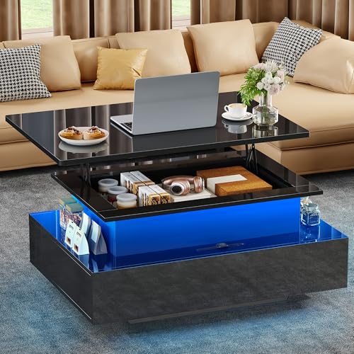 YITAHOME Couchtisch Höhenverstellbar, Wohnzimmertisch Hochglanz mit Hebeplatte,Couch Tisch Wohnzimmer mit 16-Farbiger LED Modern and 2 Schubladen von YITAHOME