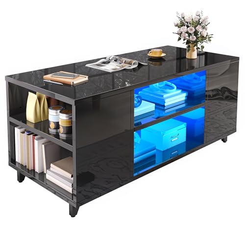 YITAHOME Couchtisch Schwarz Hochglanz, Modern Wohnzimmertisch mit 16-Farbiger LED Beleuchtung Sofa Beistelltisch mit Verstellbarem Regal, 97,5 x 48 x 45 cm von YITAHOME