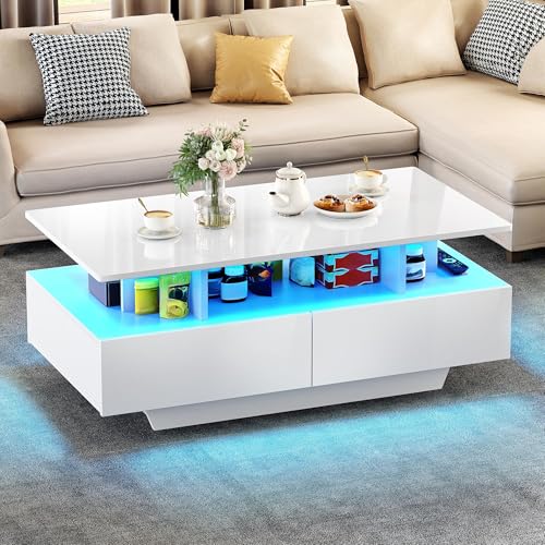 YITAHOME Couchtisch Weiß, Wohnzimmertisch Hochglanz mit 16-Farbiger LED Beleuchtung Modern, Beistelltisch Weiss mit Offenem Ausstellungsregal und 4 Ausziehbaren Schubladen 90x55x41,1 cm YITAHOME Couchtisch Weiß, Wohnzimmertisch Hochglanz mit 16-Farbiger LED Beleuchtung Modern, Beistelltisch Weiss mit Offenem Ausstellungsregal und 4 Ausziehbaren Schubladen 90x55x41,1 cm von YITAHOME