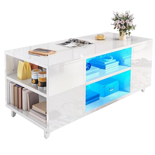 YITAHOME Couchtisch Weiß Hochglanz, Modern Wohnzimmertisch mit 16-Farbiger LED Beleuchtung Sofa Beistelltisch mit Verstellbarem Regal, 97,5 x 48 x 45 cm YITAHOME Couchtisch Weiß Hochglanz, Modern Wohnzimmertisch mit 16-Farbiger LED Beleuchtung Sofa Beistelltisch mit Verstellbarem Regal, 97,5 x 48 x 45 cm von YITAHOME