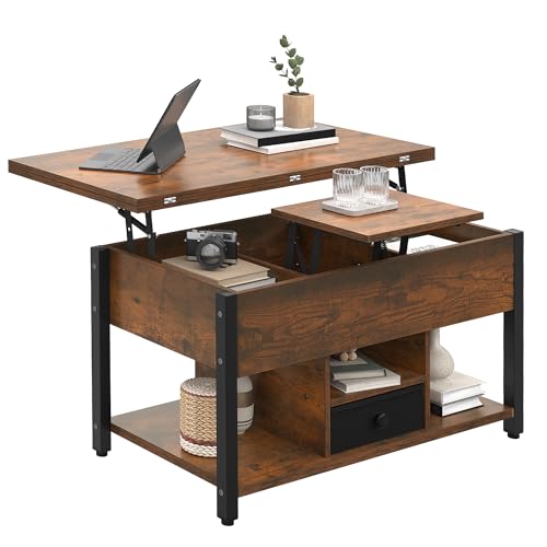 YITAHOME Couchtisch mit Höhenverstellbarer, 4-in-1-Multifunktions-Couchtisch mit Stauraum, Couchtisch lässt Sich in einen Esstisch für das Wohnzimmer umwandeln, Vintage-Braun von YITAHOME