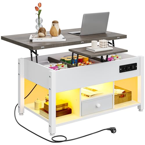 YITAHOME Couchtisch mit Höhenverstellbarer, 4-in-1-Multifunktions-Couchtisch mit Stauraum und LED Beleuchtung, Couchtisch lässt Sich in einen Esstisch für das Wohnzimmer umwandeln, Weiß&Grau von YITAHOME