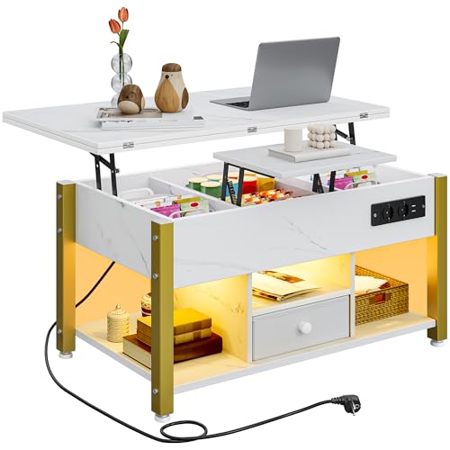 YITAHOME Couchtisch mit Höhenverstellbarer, 4-in-1-Multifunktions-Couchtisch mit Stauraum und LED Beleuchtung, Couchtisch lässt Sich in einen Esstisch für das Wohnzimmer umwandeln, Weißer Marmor von YITAHOME