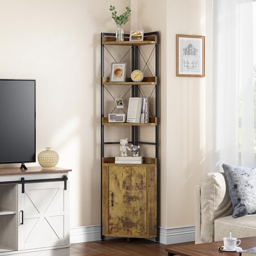 YITAHOME Eckregal mit 4 Ebenen, industrielles Bücherregal mit Schrank, freistehendes Bücherregal aus Holz, Lagerregale für Wohnzimmer, Heimbüro, Flur, rustikale braune Bücherregale von YITAHOME