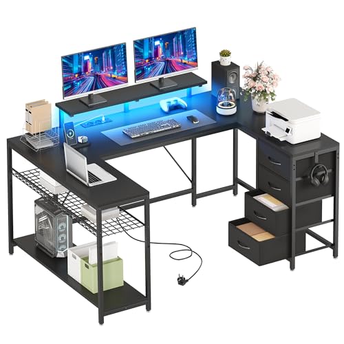 YITAHOME Eckschreibtisch mit 4 Schubladen & Stauraum, Gaming Schreibtisch mit LED & Monitorständer für Home Office, Reversible Eckschreibtisch mit 2 Steckdosen und 2 USB Ladeanschluss, 158cm, Schwarz von YITAHOME