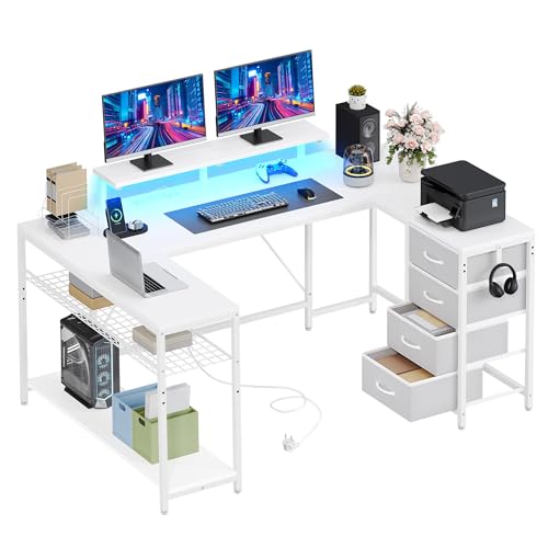 YITAHOME Eckschreibtisch mit 4 Schubladen & Stauraum, Gaming Schreibtisch mit LED & Monitorständer für Home Office, Reversible Eckschreibtisch mit 2 Steckdosen und 2 USB Ladeanschluss, 158cm, Weiß von YITAHOME
