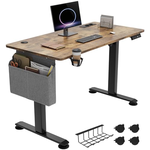 YITAHOME Elektrisch Höhenverstellbarer Schreibtisch, 120x60x(72-120) cm, mit Spleißbrett, Memory-Handsteuerung, 2 USB-Anschlüssen und Steckdosen, Sitz-Stehpult 360°Rollen Schreibtisch, Vintage-Braun von YITAHOME