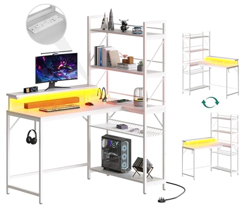 YITAHOME L-förmiger Gaming Tisch mit LED, Reversibel Gaming Schreibtisch mit Regal 2 Steckdosen und 2 USB, Kompakter Eckschreibtisch mit Monitorständer für Home Office, Kleine Räume 106 cm (Weiß) von YITAHOME