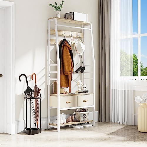 YITAHOME Garderobenregal mit Schuhschrank, freistehender Dielenbaum mit Bank und 2 klappbaren Schubladen, Industriegarderobe mit 8 Haken für Flur Wohnzimmer Schlafzimmer, Metallrahmen, Beige von YITAHOME