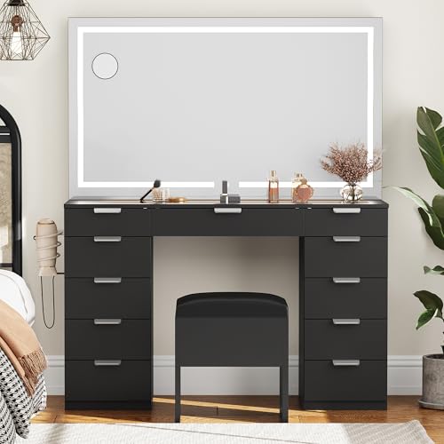 YITAHOME Große Schminktisch mit verstellbaren LED-Beleuchtung und Steckdosen,Schminktisch mit Spiegel,Frisiertisch mit 11 Schubladen mit Hocker,Schwarz YITAHOME Große Schminktisch mit verstellbaren LED-Beleuchtung und Steckdosen,Schminktisch mit Spiegel,Frisiertisch mit 11 Schubladen mit Hocker,Schwarz von YITAHOME