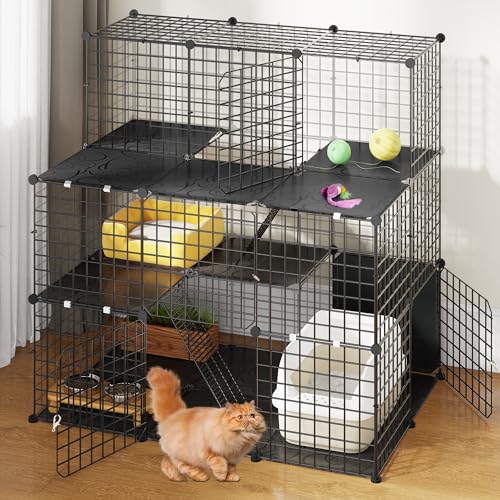 YITAHOME Großer Katzenkäfig für den Innenbereich, Katzengehege mit Balkon, abnehmbare 3-stöckige Metalldrahthütten, DIY-Katzenhütten, Laufstall, Catio für 1–3 Katzen, 106 x 71 x 106 cm von YITAHOME