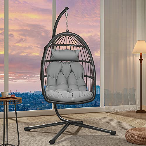 YITAHOME Hängesessel mit Kissen, Max. Belastung 150 kg, Hängesessel Outdoor mit Gestell Körbe 105x72x74 cm Hängesessel Stabiler Rattan für Garten, Indoor & Outdoor, Schwarz Eiersessel & Grau Cushio von YITAHOME