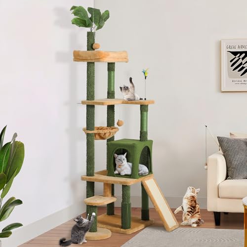 YITAHOME Hoher Kratzbaum mit Blättern für Hauskatzen, süßer Katzenkletterturm mit Selbstpflegebürste, Katzenhaus, Sitzstange Oben, Korb, Sisal-Kratzbäumen und -Brett, Spielbällen von YITAHOME