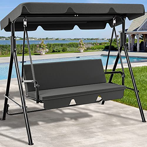 YITAHOME Hollywoodschaukel, 3 Sitzer Outdoor Hollywoodschaukeln mit Liegefunktion, Metall Gartenschaukel mit Verstellbarem Sonnendach & Abnehmbarem Kissen für Erwachsene, 270KG Belastbar, Grau von YITAHOME