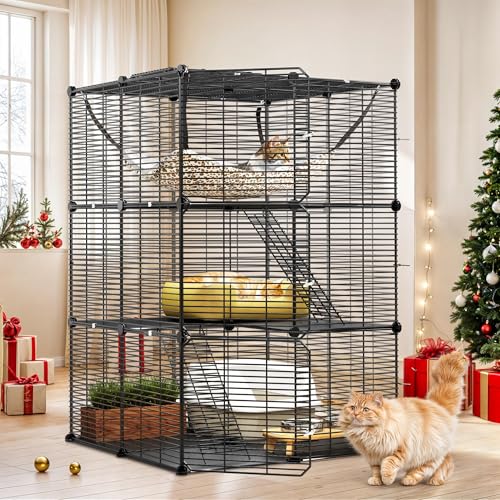 YITAHOME Katzenkäfig für Draußen, 3-stöckig Katzengehege, DIY-Katzenlaufstall, Katzenkäfig mit dichtem Metalldraht, Katzenhütte mit extra großer Hängematte für 1–2 Katzen, Chinchilla, Schwarz von YITAHOME