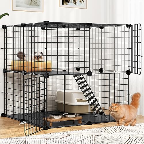 YITAHOME Katzenkäfig für drinnen und draußen, DIY-Katzengehege mit 2 Türen, 1 Leiter, Katzenlaufstall aus Metall, 2-stöckige Haustierkäfig für Katzen, Hasen, Chinchillas, Schwarz, 71 x 71 x 71 cm von YITAHOME