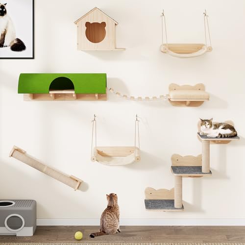 YITAHOME Katzenkletterwand-Set, Stabiler Holz Katzenmöbel, 7-Teilig Katzen Wandelemente mit Katzenhaus, Katzenhängebrücke, Katzentreppe, Hängematte und Kratzbaum zum Schlafen, Spielen und Ausruhen YITAHOME Katzenkletterwand-Set, Stabiler Holz Katzenmöbel, 7-Teilig Katzen Wandelemente mit Katzenhaus, Katzenhängebrücke, Katzentreppe, Hängematte und Kratzbaum zum Schlafen, Spielen und Ausruhen von YITAHOME
