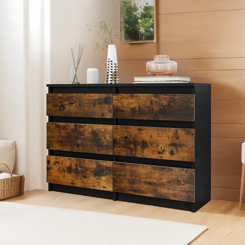 YITAHOME Kommode, 6 Schubladen Schlafzimmerschrank, modernes Möbel 100x30x70cm, stabil & sicher, aus Holz, mit Laufschienen, Schwarz Rustikal Braun von YITAHOME