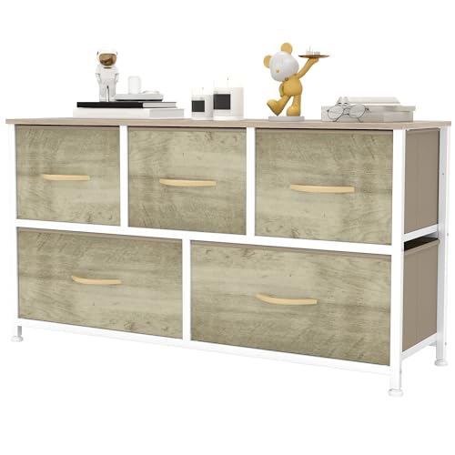 YITAHOME Kommode,Kommode mit 5 Schubladen,Schrank,Stoffschubladen mit Griffen,Metallgestell,Dauerhaft,Helle Holzmaserung von YITAHOME