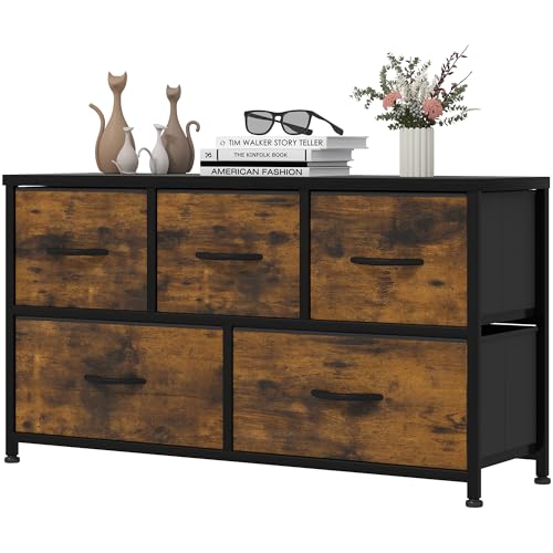 YITAHOME Kommode,Kommode mit 5 Schubladen,Schrank,Stoffschubladen mit Griffen,Metallgestell,Dauerhaft,Rustikal Braun von YITAHOME