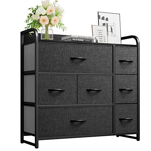 YITAHOME Kommode,Kommode mit 7 Schubladen,Schrank,Stoffschubladen mit Griffen,Metallgestell,Dauerhaft,Schwarz Grau von YITAHOME