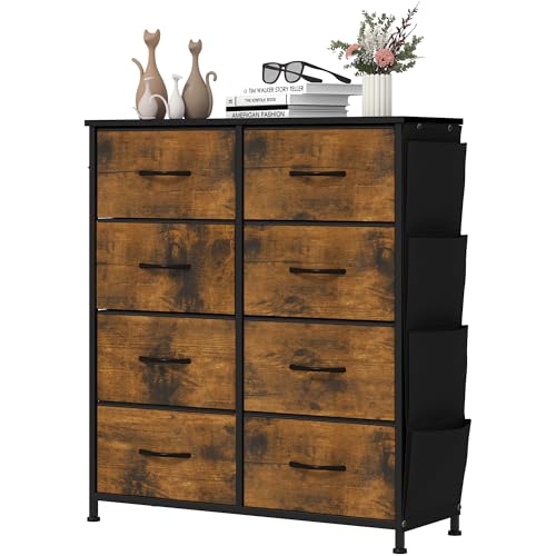YITAHOME Kommode,Kommode mit 8 Schubladen,Kommodenschrank mit Haken und Seitentaschen,Stoffschubladen mit Griffen,Metallgestell,Dauerhaft,Rustikal Braun von YITAHOME