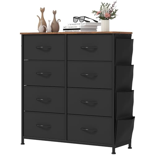 YITAHOME Kommode,Kommode mit 8 Schubladen,Kommodenschrank mit Haken und Seitentaschen,Stoffschubladen mit Griffen,Metallgestell,Dauerhaft,Schwarz von YITAHOME