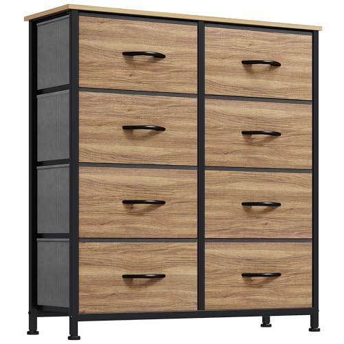 YITAHOME Kommode,Kommode mit 8 Schubladen,Schrank,Stoffschubladen mit Griffen,Metallgestell,Dauerhaft,Rohholzmaserung von YITAHOME